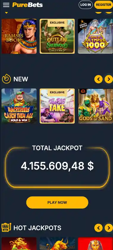 PureBets Casino mobile homepage screenshot displaying main navigation, featured games and promotional banners - tested