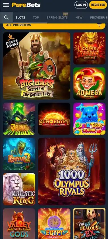 PureBets Casino mobile slots variety screenshot displaying featured slots, categories and touch-optimized navigation - tested