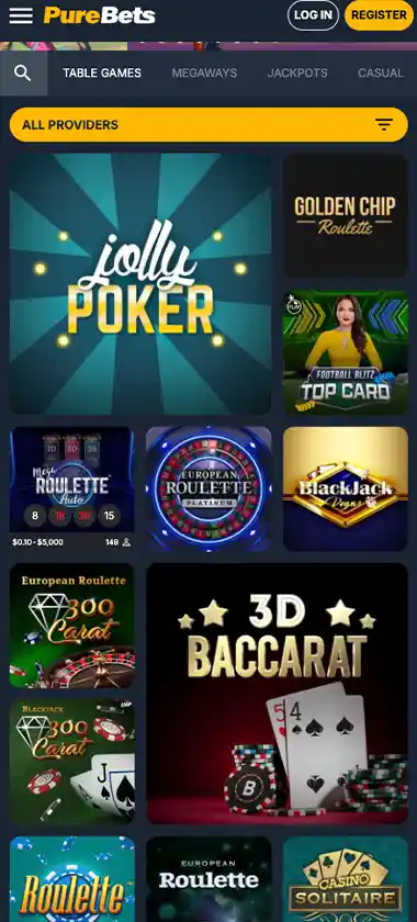 PureBets Casino mobile table games collection screenshot displaying blackjack, roulette, baccarat variants and touch-optimized navigation - tested