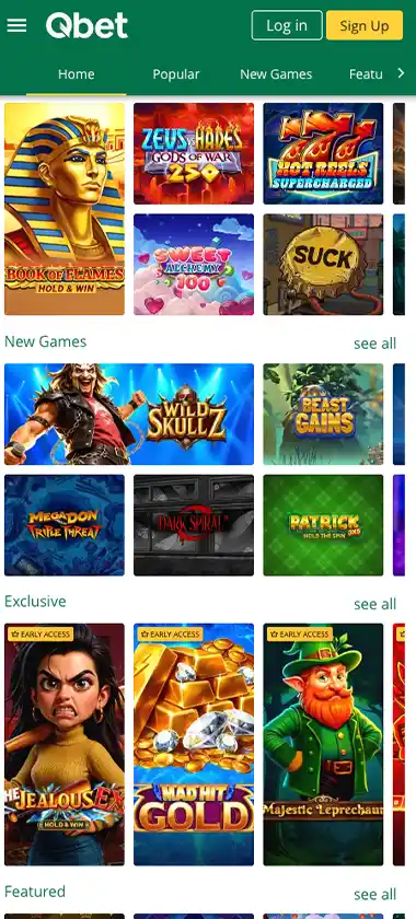 QBet Casino mobile home page screenshot displaying main navigation, featured games and mobile-friendly interface - tested