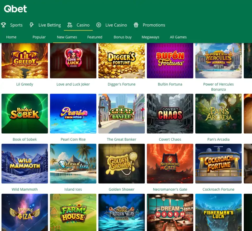 QBet Casino desktop new games screenshot showing recently added titles and latest releases - tested