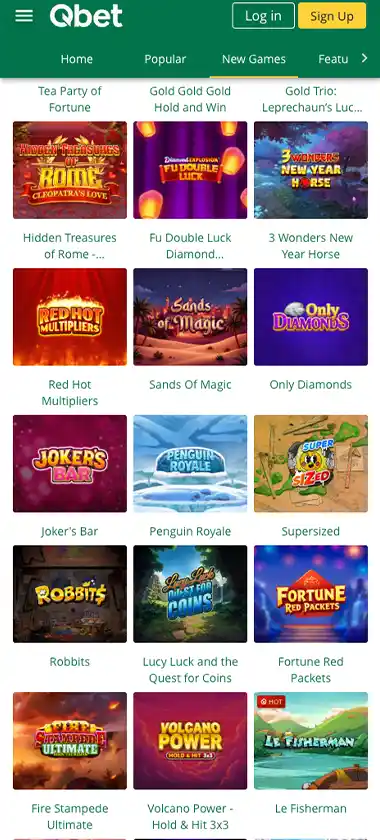 QBet Casino mobile new games screenshot displaying recently added titles and mobile-friendly navigation - tested