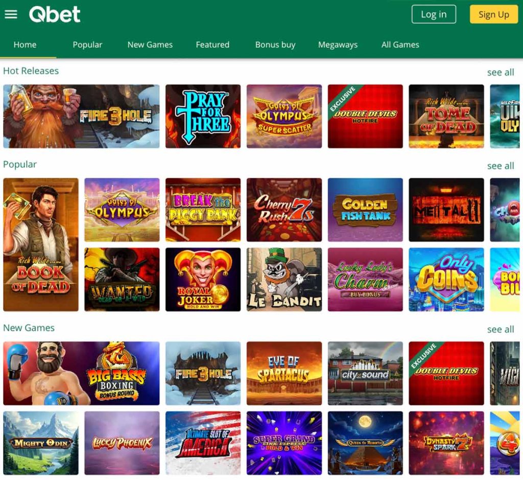 QBet Casino desktop home page screenshot showing main navigation, featured games and promotional banners - tested