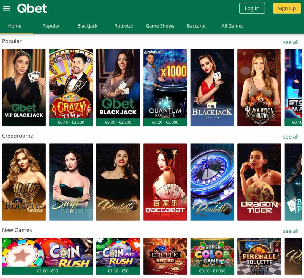 QBet Casino desktop live dealer games collection screenshot showing roulette, blackjack and baccarat tables in lobby view - tested