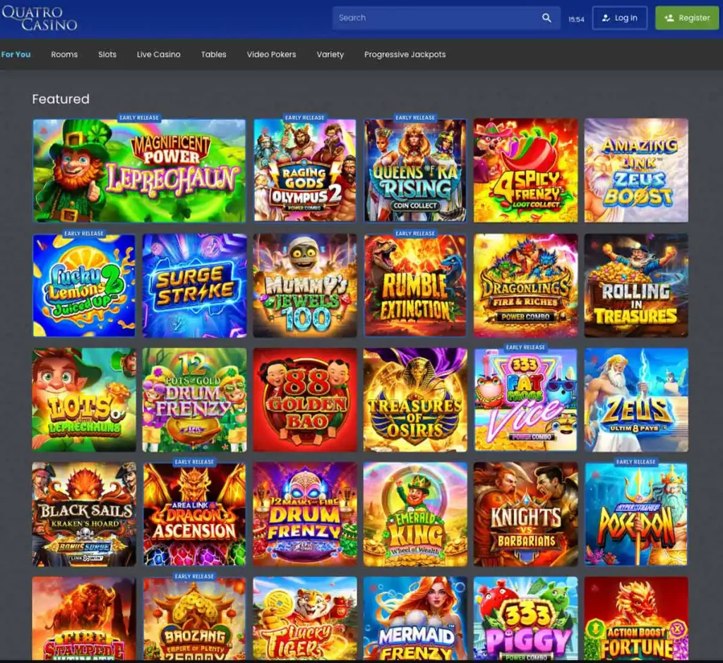 Quatro Casino desktop home page screenshot showing main navigation, featured games and promotional banners - tested