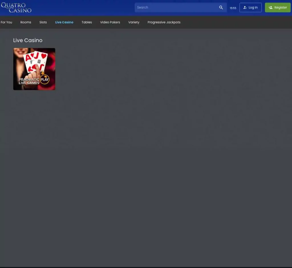 Quatro Casino desktop live dealer games collection screenshot showing roulette, blackjack and baccarat tables in lobby view - tested