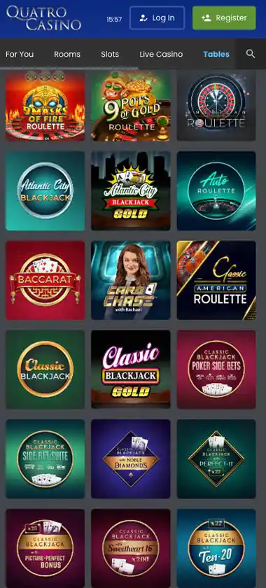 Quatro Casino mobile table games collection screenshot displaying available table games and mobile-friendly navigation - tested