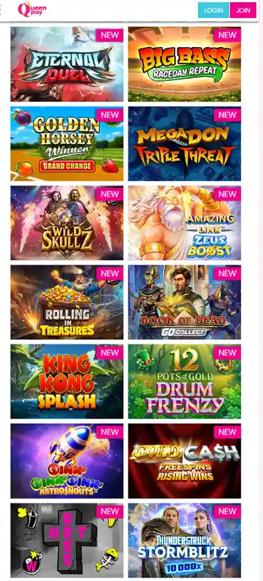 Queen Play Casino desktop homepage screenshot showing main navigation, featured games and promotional banners - tested Queen Play Casino desktop homepage screenshot showing main navigation, featured games and promotional banners - tested