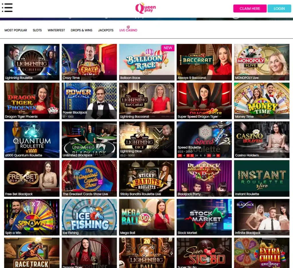 Queen Play Casino desktop live dealer games collection screenshot showing roulette, blackjack and baccarat tables in lobby view with categories and provider filters - tested Queen Play Casino desktop live dealer games collection screenshot showing roulette, blackjack and baccarat tables in lobby view with categories and provider filters - tested