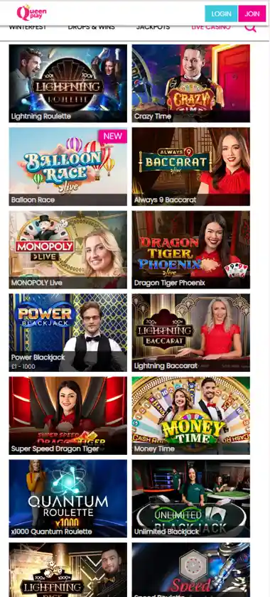 Queen Play Casino mobile live dealer games collection screenshot displaying available live tables and categories with mobile-friendly interface/navigation - tested Queen Play Casino mobile live dealer games collection screenshot displaying available live tables and categories with mobile-friendly interface/navigation - tested