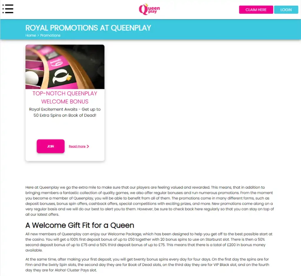 Queen Play Casino desktop promotions screenshot showing promotional banners, bonus offers and claim instructions with categories and filter options - tested Queen Play Casino desktop promotions screenshot showing promotional banners, bonus offers and claim instructions with categories and filter options - tested