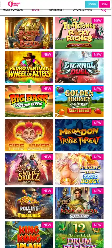 Queen Play Casino desktop slots screenshot showing multiple slot categories, featured games and provider filters - tested Queen Play Casino desktop slots screenshot showing multiple slot categories, featured games and provider filters - tested