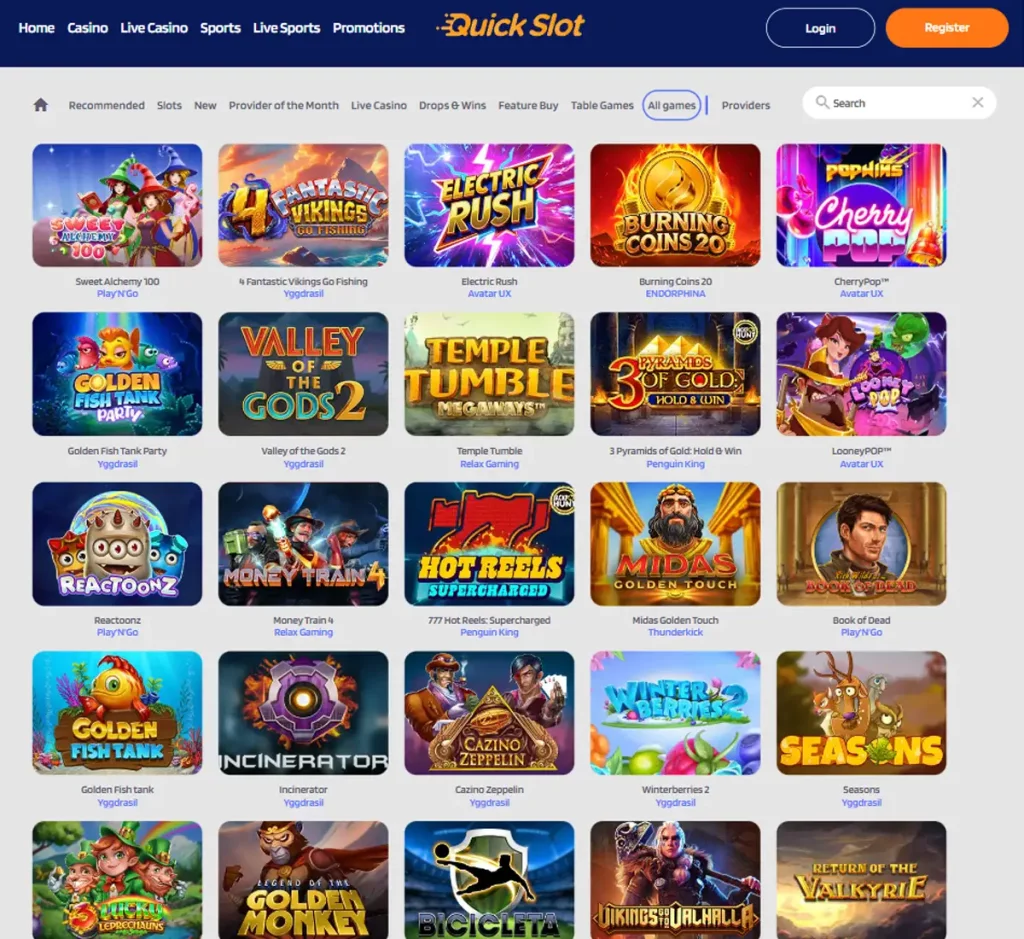 QuickSlot Casino desktop all games screenshot showing complete game library, categories and filtering options - tested