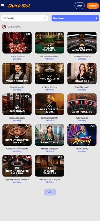 QuickSlot Casino mobile live dealer games collection screenshot displaying available live tables and categories - tested