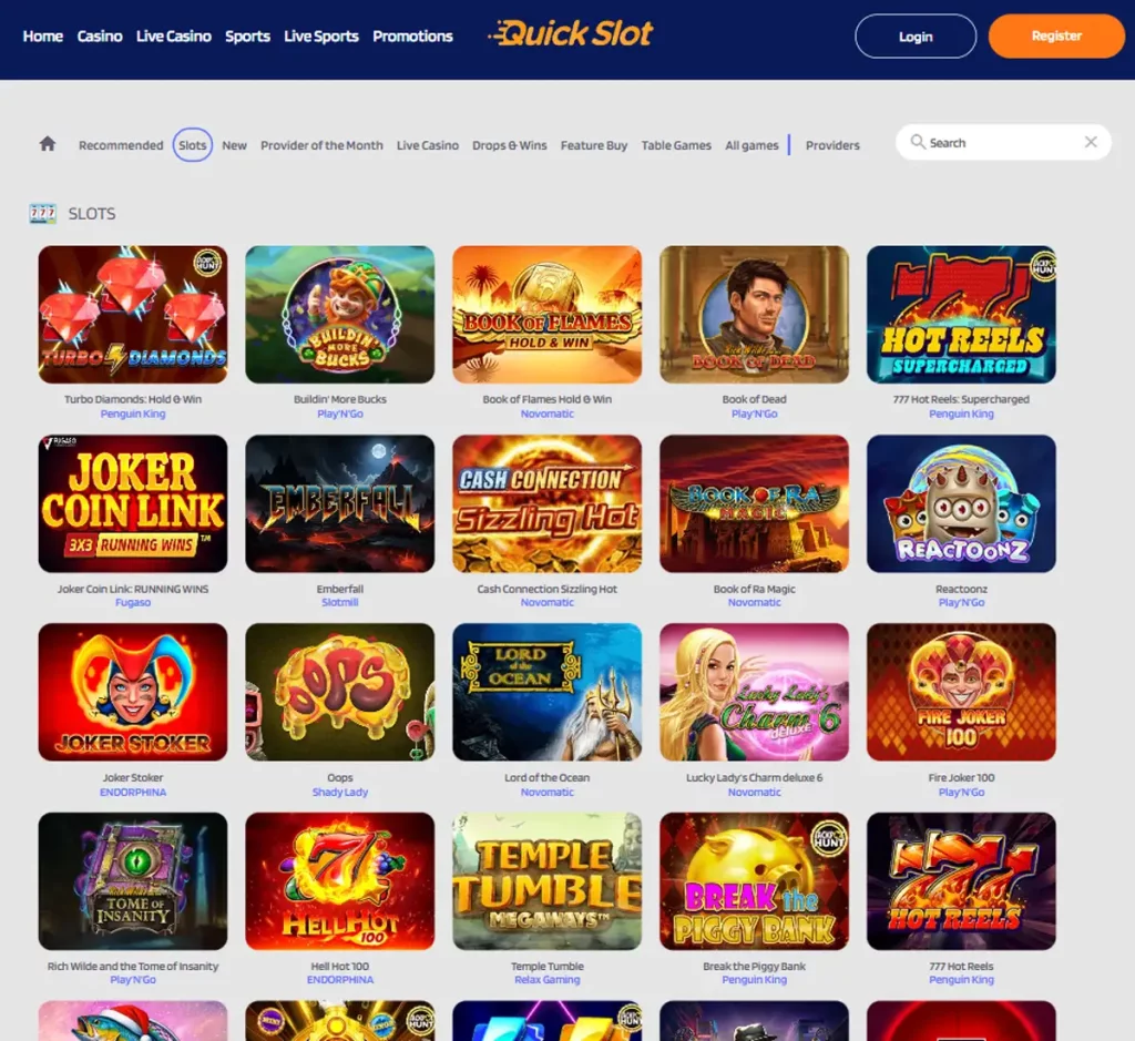 QuickSlot Casino desktop slots variety screenshot showing multiple slot categories, featured games and provider filters - tested