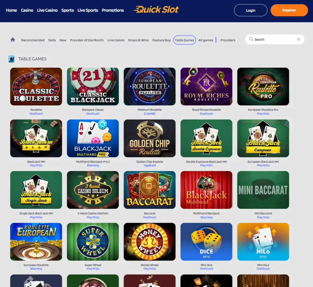 QuickSlot Casino desktop table games collection screenshot showing various table games, categories and filtering options - tested