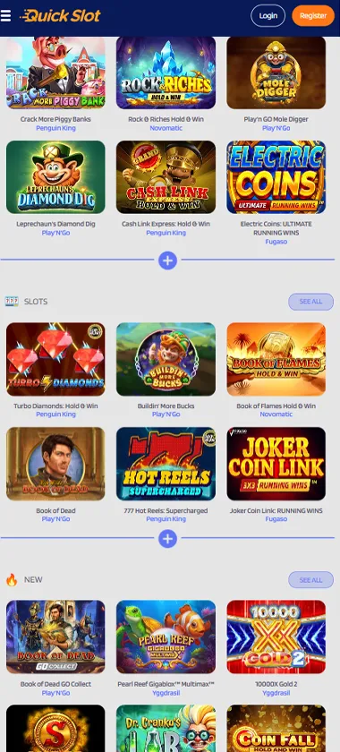 QuickSlot Casino mobile home page screenshot displaying main navigation, featured games and mobile-friendly interface - tested