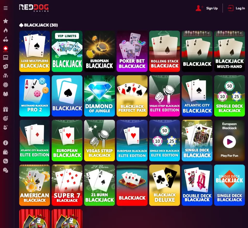 Red Dog Casino desktop blackjack screenshot showing blackjack tables, game variations and betting options - tested