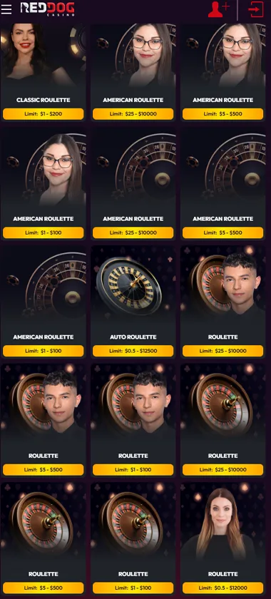 Red Dog Casino mobile live dealer games collection screenshot displaying available live tables and categories - tested