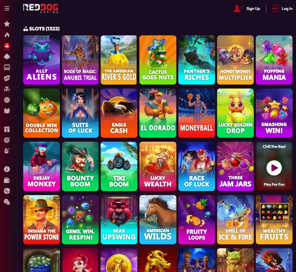 Red Dog Casino desktop slots variety screenshot showing multiple slot categories, featured games and provider filters - tested