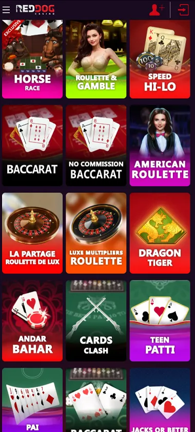 Red Dog Casino mobile table games collection screenshot displaying available table games and mobile-friendly navigation - tested