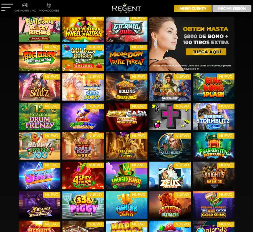 Regent Play Casino desktop homepage screenshot showing main navigation, featured games and promotional banners - tested