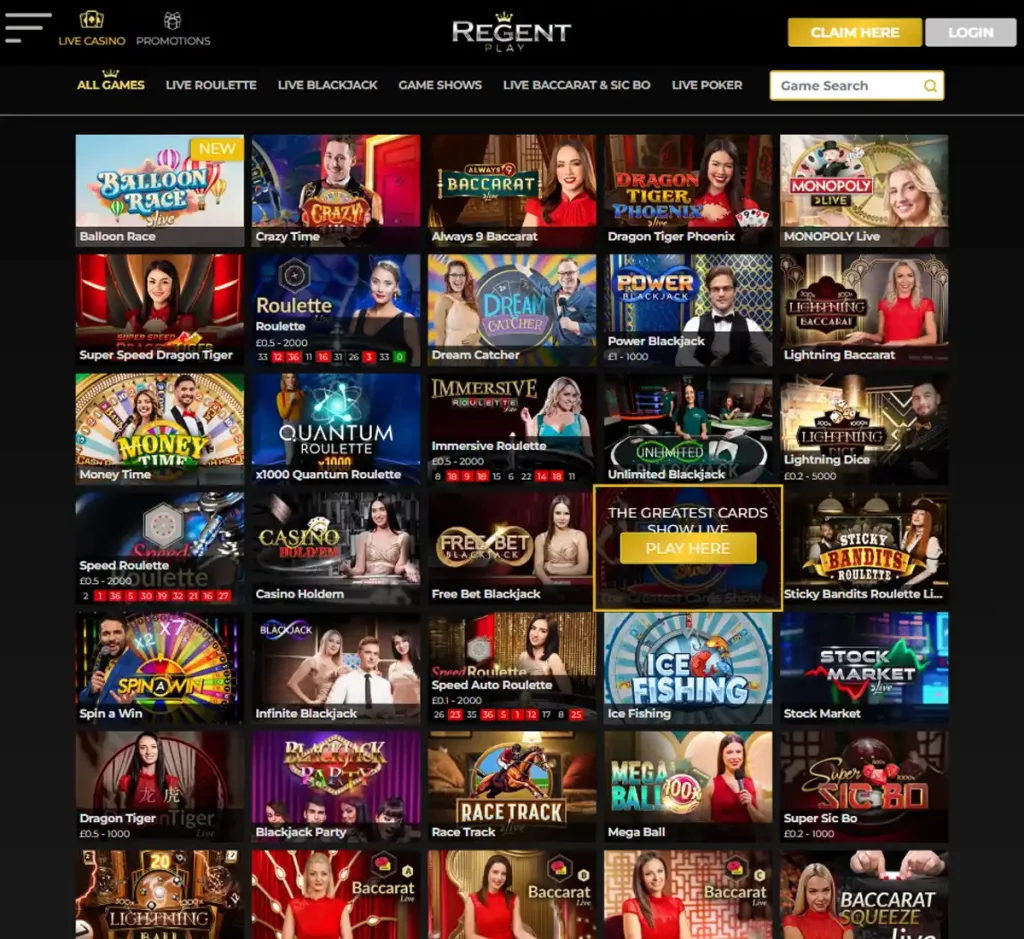 Regent Play Casino desktop live dealer games collection screenshot showing roulette, blackjack and baccarat tables in lobby view with categories and provider filters - tested
