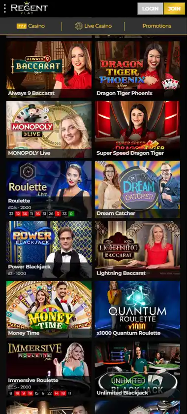 Regent Play Casino mobile live dealer games collection screenshot displaying available live tables and categories with mobile-friendly interface/navigation - tested