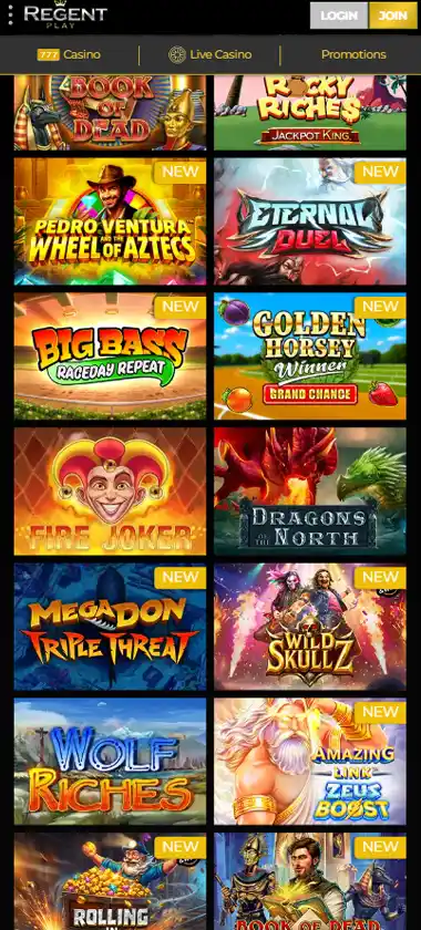 Regent Play Casino mobile slot screenshot displaying featured slots, categories and touch-optimized navigation - tested