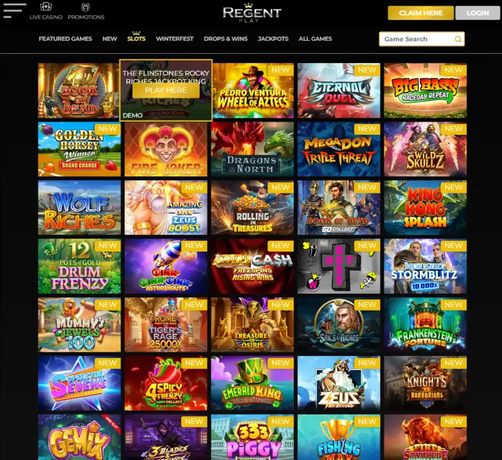 Regent Play Casino desktop slots screenshot showing multiple slot categories, featured games and provider filters - tested