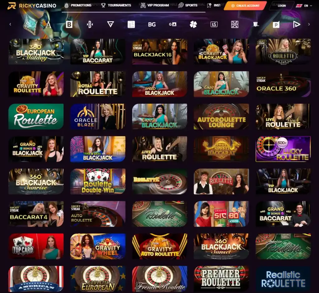 RickyCasino desktop live dealer games collection screenshot showing roulette, blackjack and baccarat tables in lobby view with categories and provider filters - tested