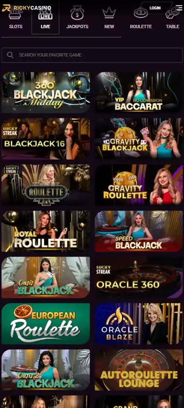 RickyCasino mobile live dealer games collection screenshot displaying available live tables and categories with mobile-friendly interface/navigation - tested