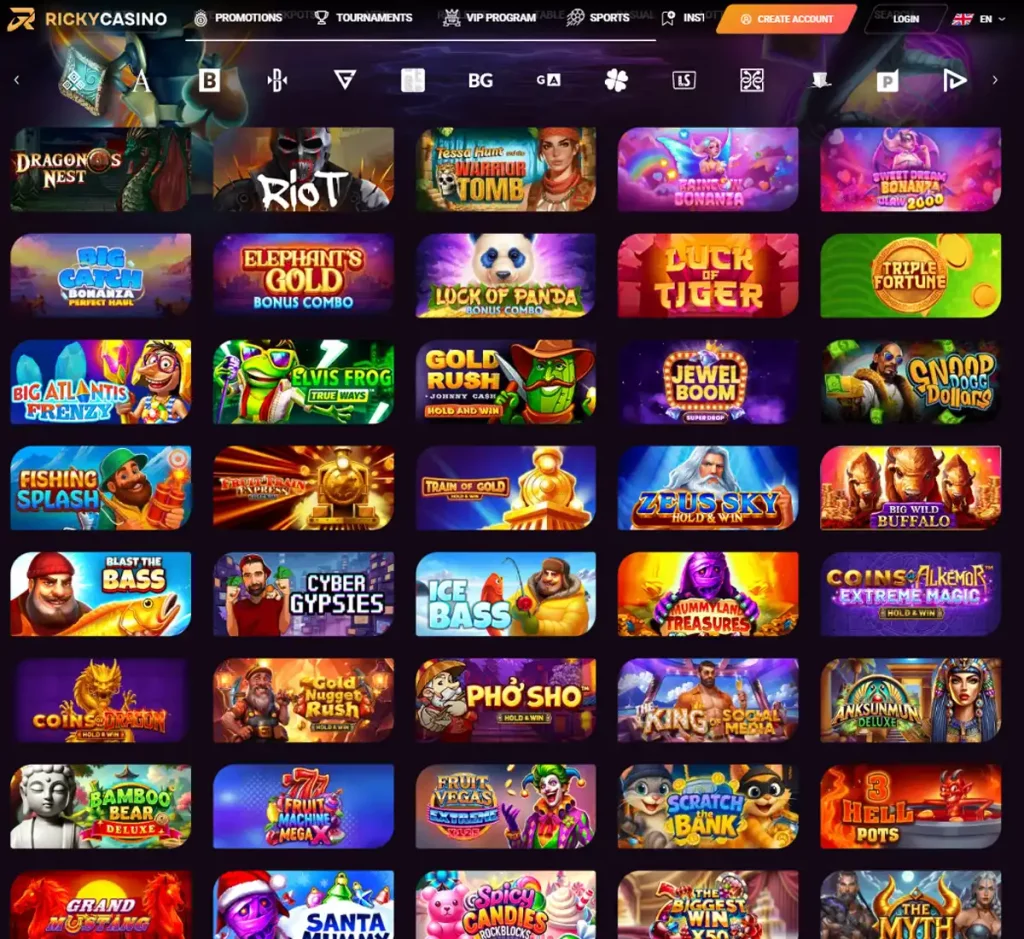 RickyCasino desktop slot screenshot showing multiple slot categories, featured games and provider filters - tested