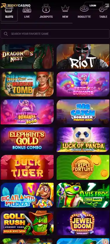 RickyCasino mobile slot screenshot displaying featured slots, categories and touch-optimized navigation - tested