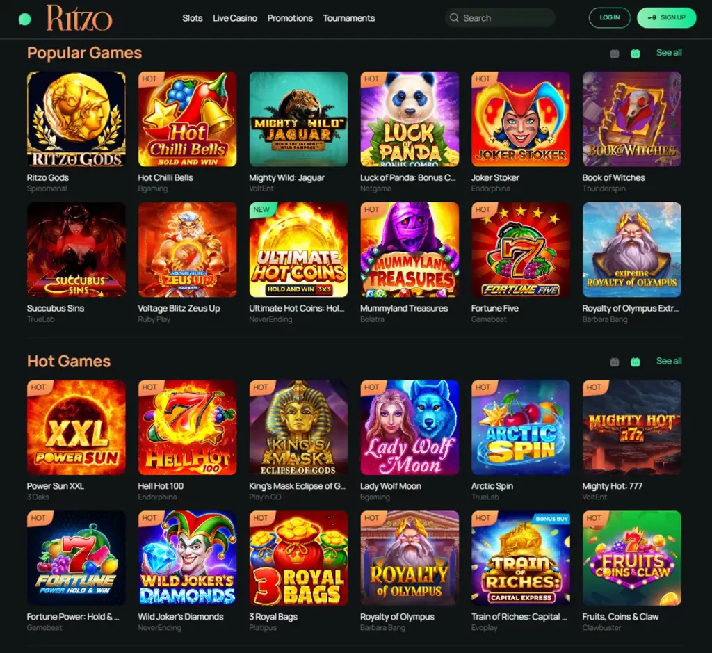 Ritzo Casino desktop home page screenshot showing main navigation, featured games and promotional banners - tested