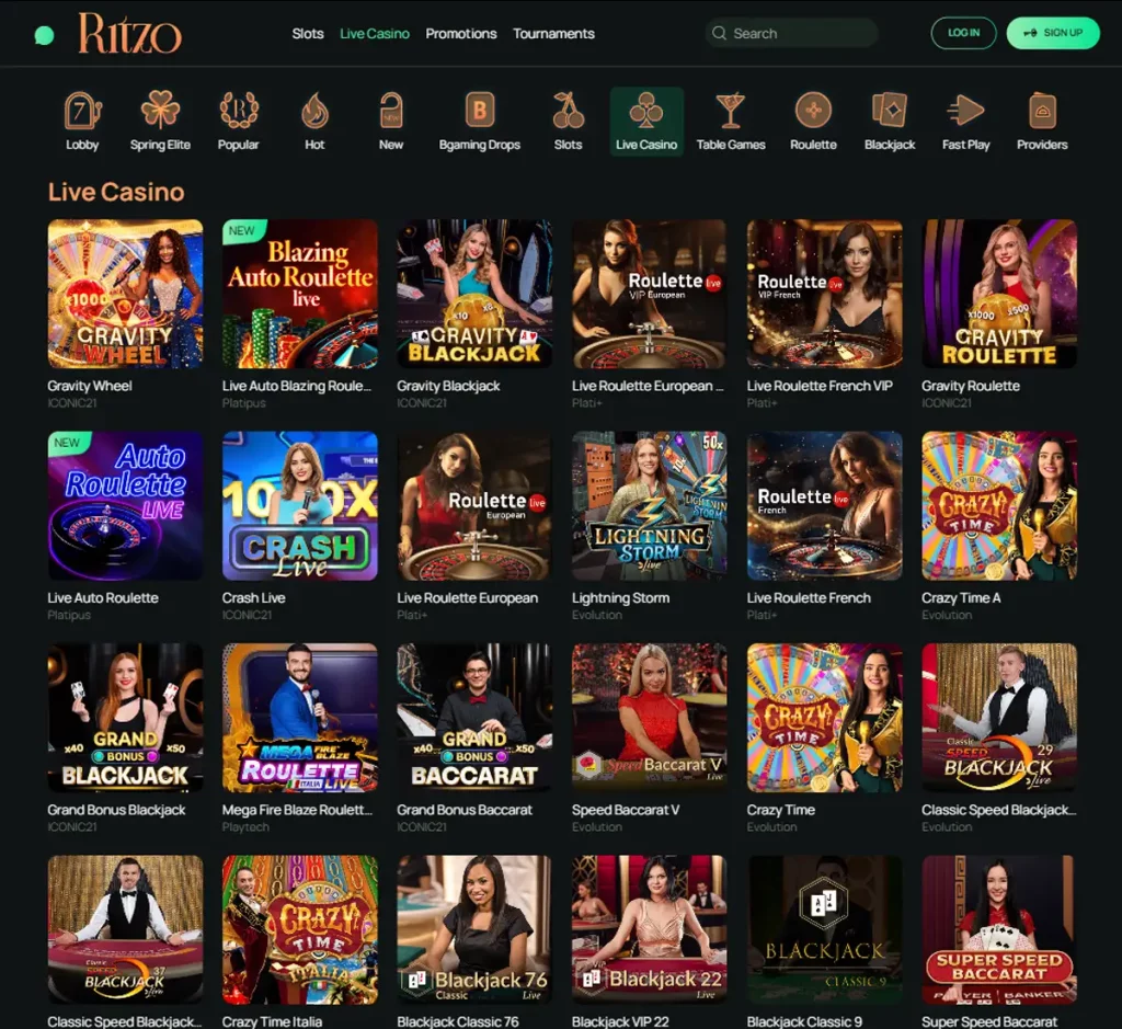 Ritzo Casino desktop live dealer games collection screenshot showing roulette, blackjack and baccarat tables in lobby view - tested