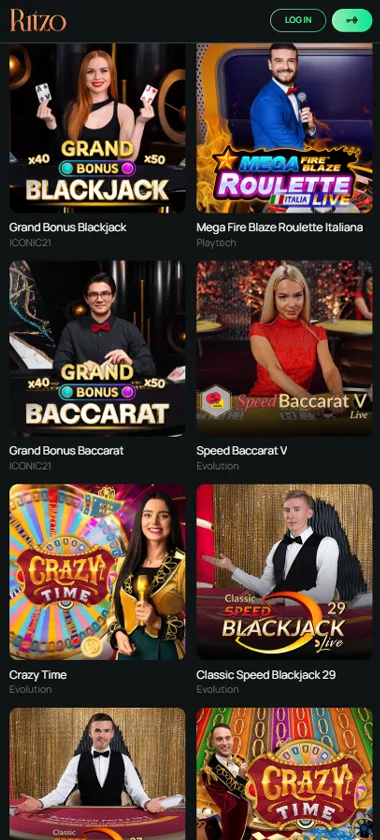 Ritzo Casino mobile live dealer games collection screenshot displaying available live tables and categories - tested