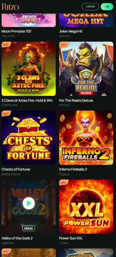 Ritzo Casino mobile slots variety screenshot displaying featured slots, categories and touch-optimized navigation - tested