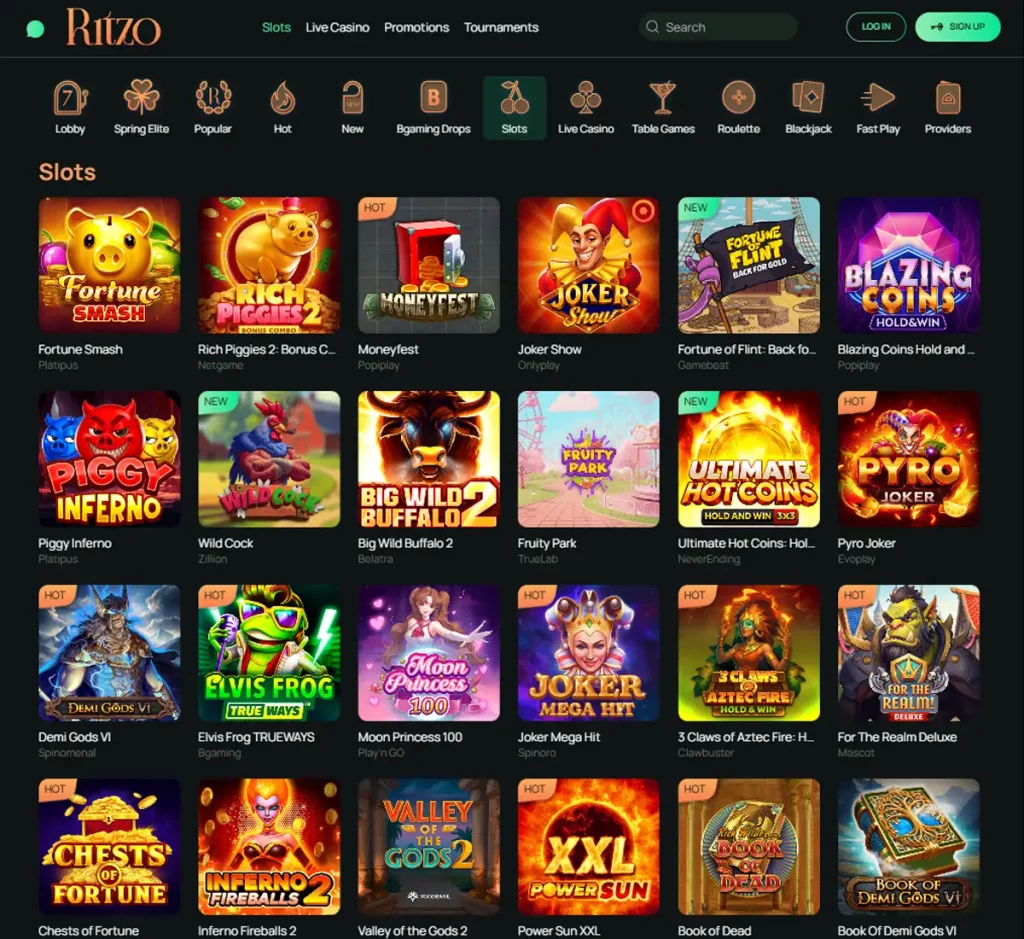 Ritzo Casino desktop slots variety screenshot showing multiple slot categories, featured games and provider filters - tested