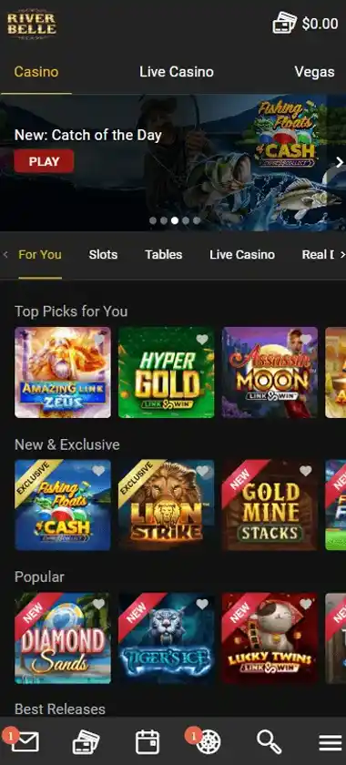 River Belle Casino mobile homepage screenshot displaying main navigation, featured games and mobile-friendly interface/navigation - tested