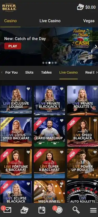 River Belle Casino mobile live dealer games collection screenshot displaying available live tables and categories with mobile-friendly interface/navigation - tested