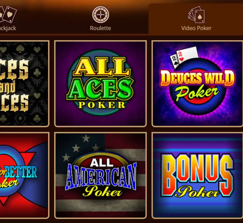 River Belle Casino desktop video poker collection screenshot showing video poker variants, paytables and provider filters - tested