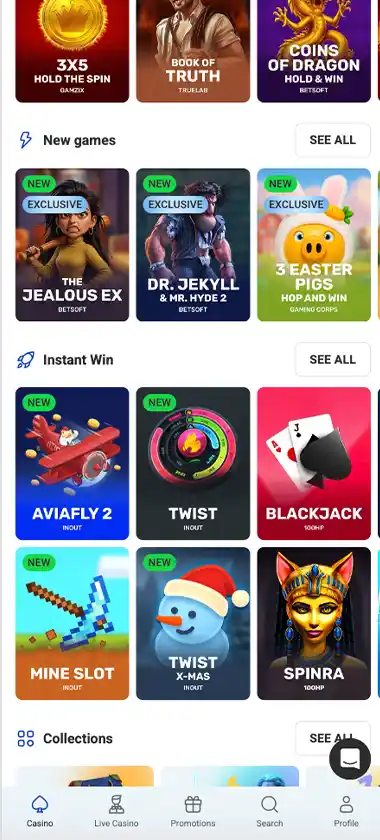 Rocket Spin Casino mobile homepage screenshot showing navigation menu, featured games and promotional banners - tested
