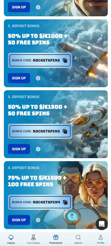 Rocket Spin Casino mobile promotions screenshot showing active bonuses, special offers and promotional banners - tested