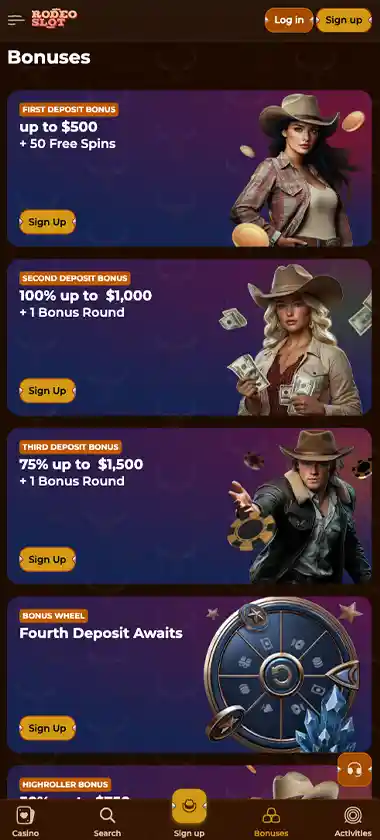 RodeoSlot Casino mobile bonuses screenshot displaying bonus details, claim button and promotional terms - tested