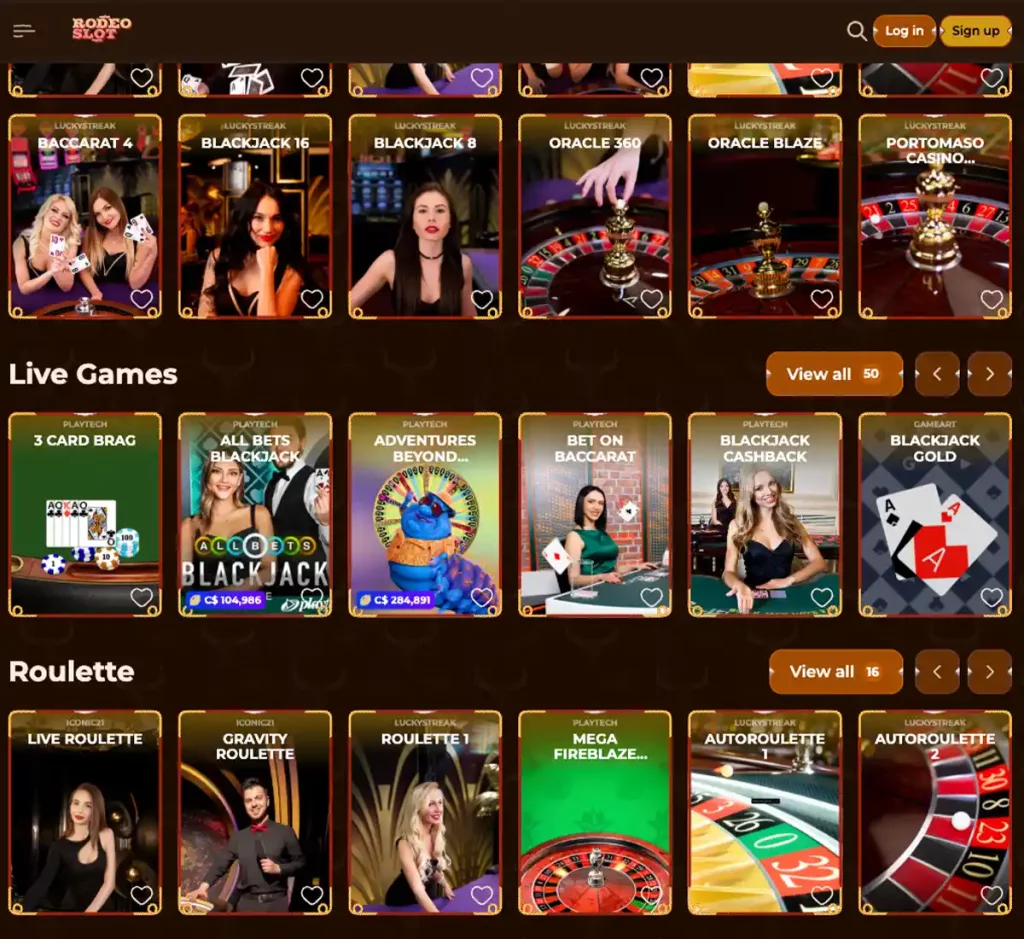 RodeoSlot Casino desktop live casino games collection screenshot displaying available live tables, dealers and categories - tested