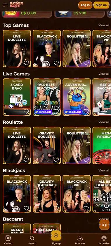 RodeoSlot Casino mobile live casino games collection screenshot displaying available live tables, dealers and categories - tested