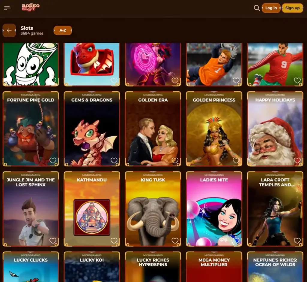 RodeoSlot Casino desktop slots variety screenshot displaying featured slots, game categories and filtering options - tested
