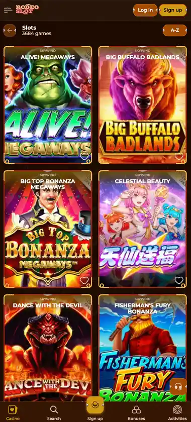 RodeoSlot Casino mobile slots variety screenshot displaying featured slots, categories and touch-optimized navigation - tested