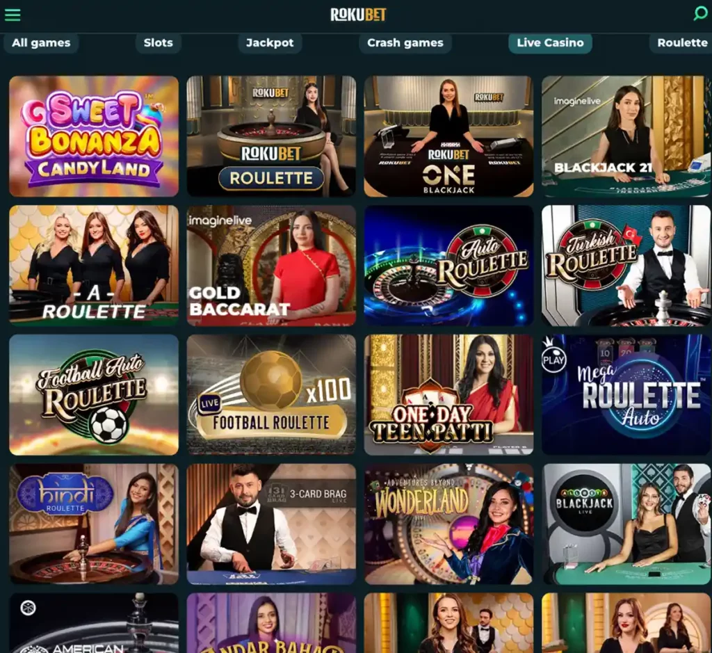 Rokubet Casino desktop live casino games collection screenshot displaying available live tables, dealers and categories - tested
